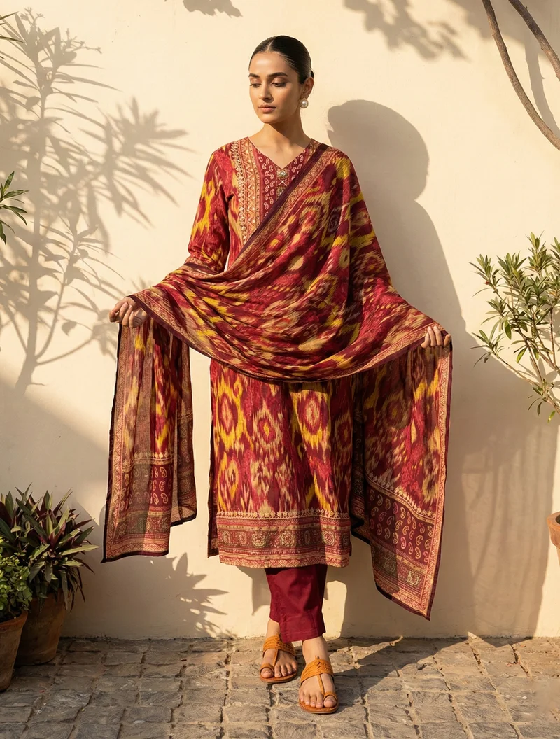 ترو برونز trueBrowns Red Ikat Print Embroidered V-Neck Kurta Pant Dupatta Set